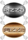 Metallic and Wooden Symbol with Text Pizza Isolated on White Background