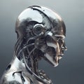 Metallized robot head on a gray background. Generative AI