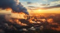 Metallurgical plant at dawn emitting smoke and smog, illustrating the negative impact on ecology