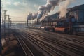 metallurgical plant, with smoke billowing from the chimneys and train cars on the rail line in the background