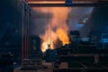 Metallurgical production factory, foundry workshop interior, bright smoke from blast furnace, heavy industry steelmaking