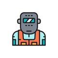 Metallurgist in a protective mask flat color line icon.