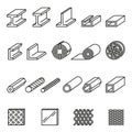 Metallurgy products vector line icons set. Steel structure and pipe.