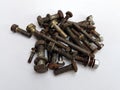 Metalware from steel.Metal fasteners assortment,Bolts, nuts, screws and drill.Hardware for repair or fixing.