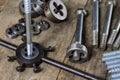 Metalwork tools on the workshop table. Threading dies and taps i Royalty Free Stock Photo