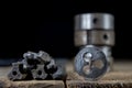 Metalwork tools on the workshop table. Threading dies and taps i Royalty Free Stock Photo