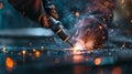 Metalworker holding welding machine wearing gloves welding metal in factory