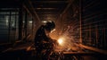 Metalworker Welding Steel Structure with Sparks at Night