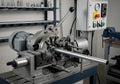 Metalworking lathe in a workshop, featuring a cylindrical metal bar being machined. The machine is Royalty Free Stock Photo