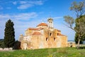 Metamorphosis Sotiros church in Pylos Nestor Palace Niokastro Navarino and trees in Greece at sunny day
