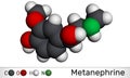 Metanephrine molecule. It is metabolite of epinephrine, adrenaline, biomarker for pheochromocytoma. Molecular model. 3D Royalty Free Stock Photo