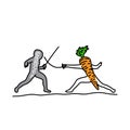 metaphor benefit of carrot is to fighting cancer vector illustration sketch hand drawn with black lines, isolated on white