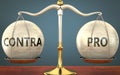 Metaphor of contra and pro staying in balance - showed as a metal scale with weights and labels contra and pro to symbolize