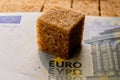 A metaphor for the cost of sweetness, as a Euro banknote covers a pile of brown sugar
