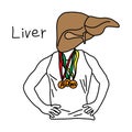 metaphor function of liver to liver store vitamins A, D, and B12 vector illustration sketch hand drawn with black lines, isolated