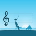 Metaphor man composing music with piano with blue gradient shade background illustration vector