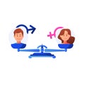 Metaphor of social or gender gender equality. Woman and man balance on scale. Can use for web banner, infographics, hero