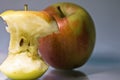 Metaphore of bitten apple with sad face expression beside happy whole fresh apple on gray background Royalty Free Stock Photo