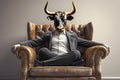 Metaphore of businessman with cow head. Bullish trend of stock market concept