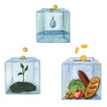 Metaphoric illustration of charity - Set of moneyboxes for donation - Watercolor hand painted illustration