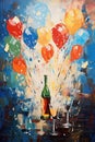 Metaphorical associative card on theme of party. Bright balloons and champagne. In Style of impressionism and oil