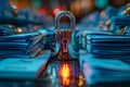 Metaphorical representation of online data protection lock and papers for digital security concepts