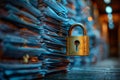 Metaphorical representation of online data protection papers, lock, and digital security concepts