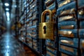 Metaphorical representation of online data protection papers, lock, and digital security concepts