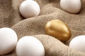 Metaphors for successful leadership and retirement investment concept with white eggs and one single gold egg on burlap sack