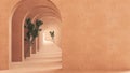 Metaphysics surreal interior design, imaginary fictional architecture. Archway with orange marble walls and trees. Move forward,