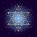 Metatron Cube symbol on a starry sky, elements of sacred geometry