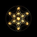 Metatron`s Cube, Flower of Life. Gold Sacred geometry. Mystic golden icon platonic solids Merkabah, abstract geometric drawing