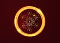 Metatrons Cube, Flower of Life. Golden Sacred geometry in golden round frame. Vector isolated or dark red background. Mystic gold