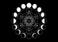 Metatrons Cube, Flower of Life. Sacred geometry, Moon Phases, geometric elements. Mystic icon platonic solids, abstract geometric