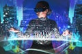 Metaverse, black woman and virtual reality glasses with overlay for digital transformation. Person with vr headset ar Royalty Free Stock Photo