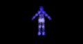 metaverse blue human's figure, Abstract technology background made of dots, particles. blend mode , FUI element.