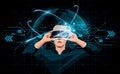 Metaverse digital cyber virtual world concept, Man holding virtual reality glasses on futuristic interface 3d world hologram