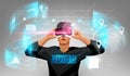 Metaverse digital cyber world technology, Man holding virtual reality glasses surrounded with futuristic interface 3d hologram.