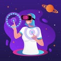 Metaverse digital virtual reality technology. Woman use online vr headphones connect to the virtual space. Royalty Free Stock Photo
