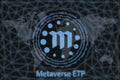 Metaverse ETP Abstract Cryptocurrency. With a dark background and a world map. Graphic concept for your design