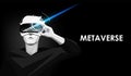 Metaverse futuristic cyber world technology, Man holding virtual reality glasses, vector illustration.