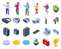 Metaverse game p2e icons set isometric vector. Vr man play