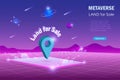 Metaverse land for sale, digital real estate and property investment technology. Virtual reality land for sale with pin point in