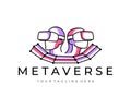 Metaverse, man and woman wearing virtual reality glasses, logo design. Cyberspace, VR, digital world and blockchain, vector design