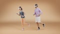 Metaverse sport woman and man running and training while wearing a virtual reality headset.