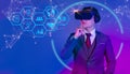 Metaverse technology concept. Asian businessman wear vr goggles headset looking virtual digital interface. Internet of things Royalty Free Stock Photo