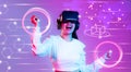 Metaverse technology concept. Asian woman wearing vr goggles headset connecting online internet of thinks. Virtual space Royalty Free Stock Photo