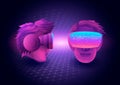 Metaverse Technology concept.Two man head use VR virtual reality goggle for experiences of metaverse virtual world