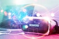 Metaverse technology concept, VR virtual reality goggle on colorful background, Metaverse Visualization simulation, 3D, AR, VR,