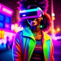 Metaverse technology. Excited young African American lady using VR glasses. Generative AI.